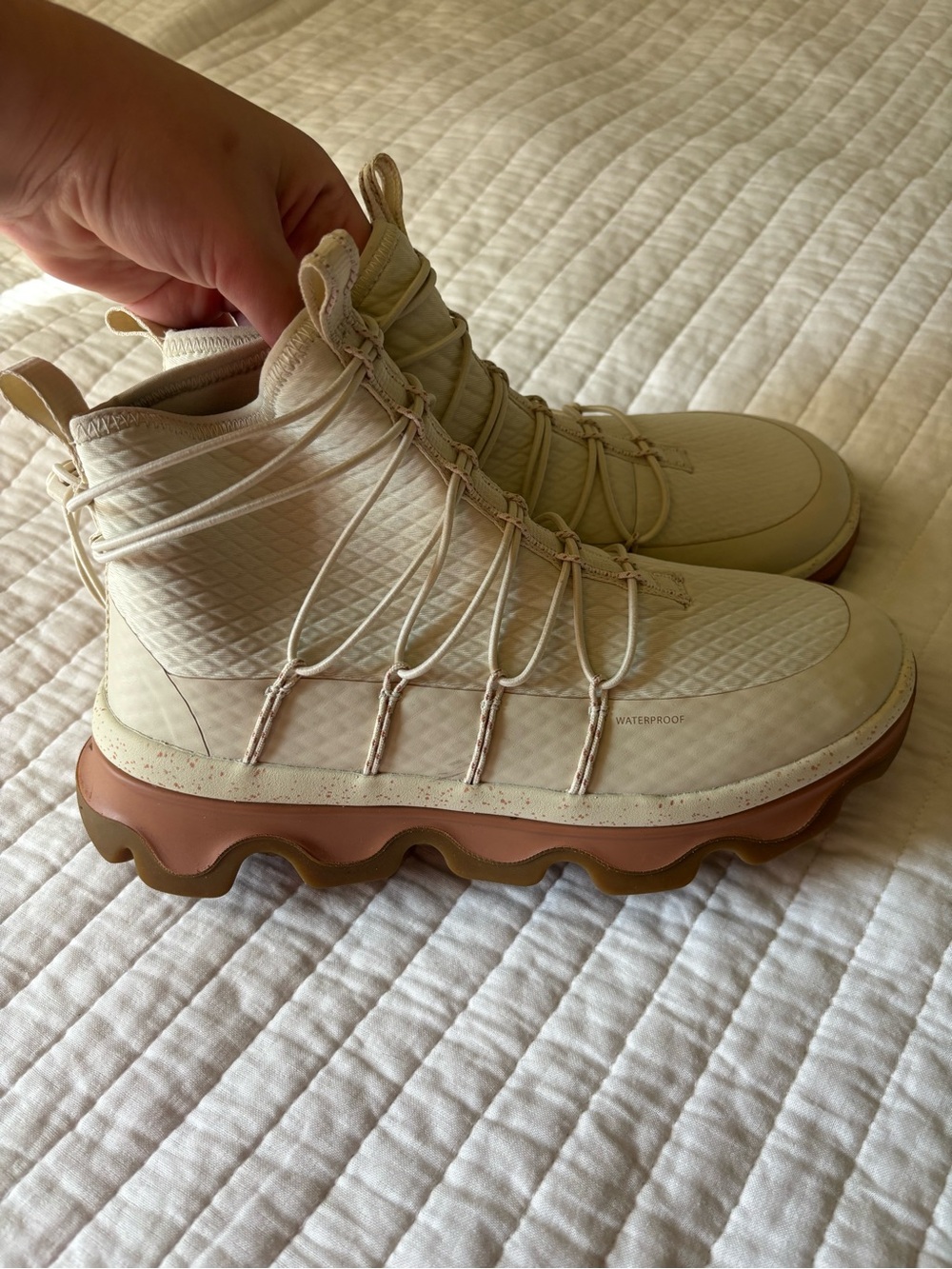 Sperry Cream Waterproof Lace-Up Boots with Tan-Brown Sole